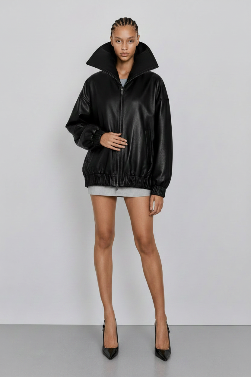 The High-Neck Leather Bomber — front with dramatic collar