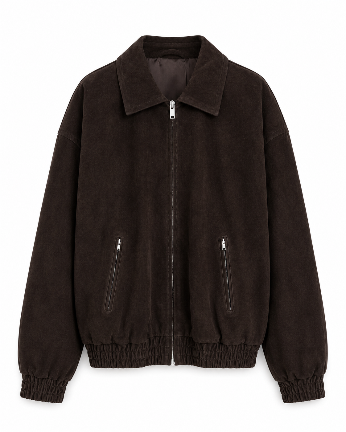 The Dark Chocolate Suede Bomber — packshot front