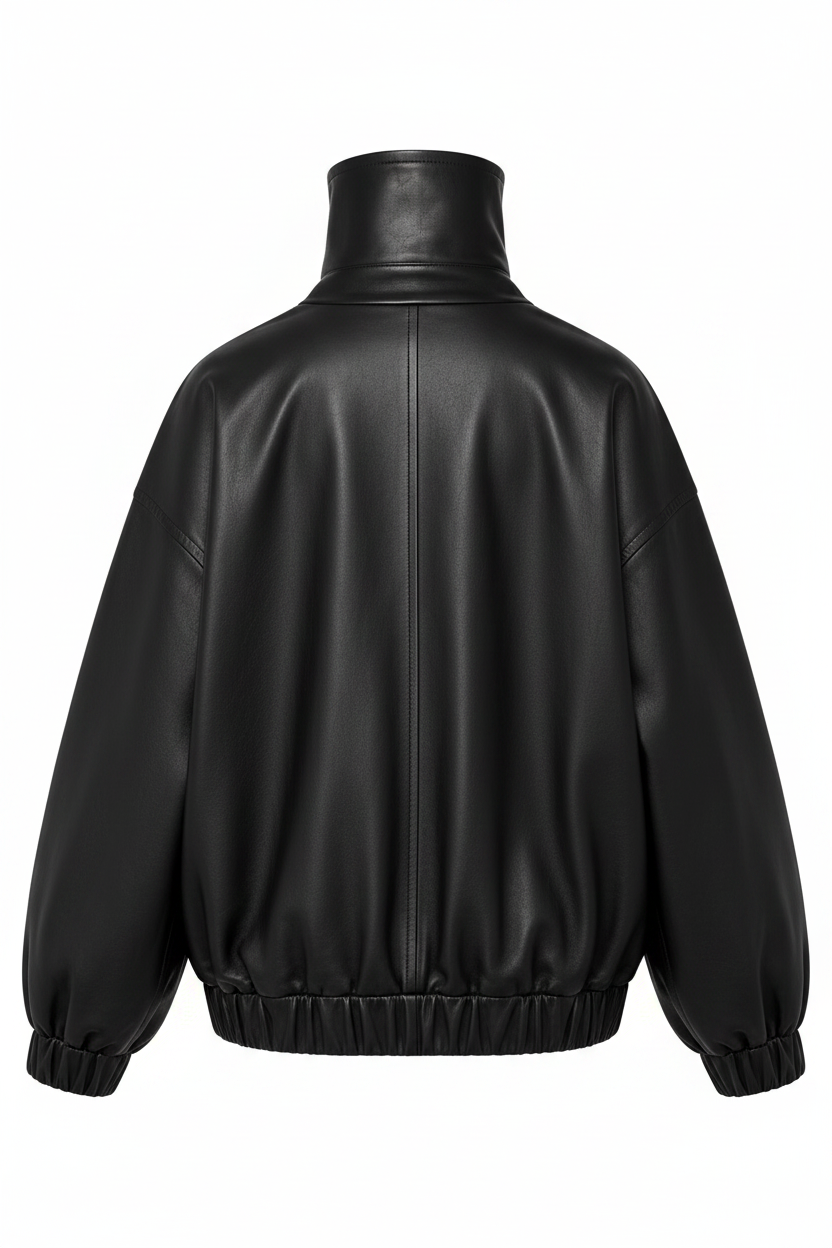 The High-Neck Leather Bomber — back view high quality