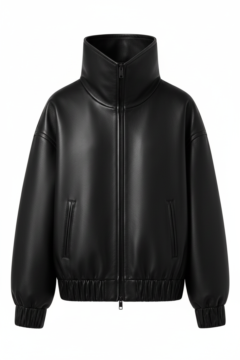 The High-Neck Leather Bomber — front view high quality